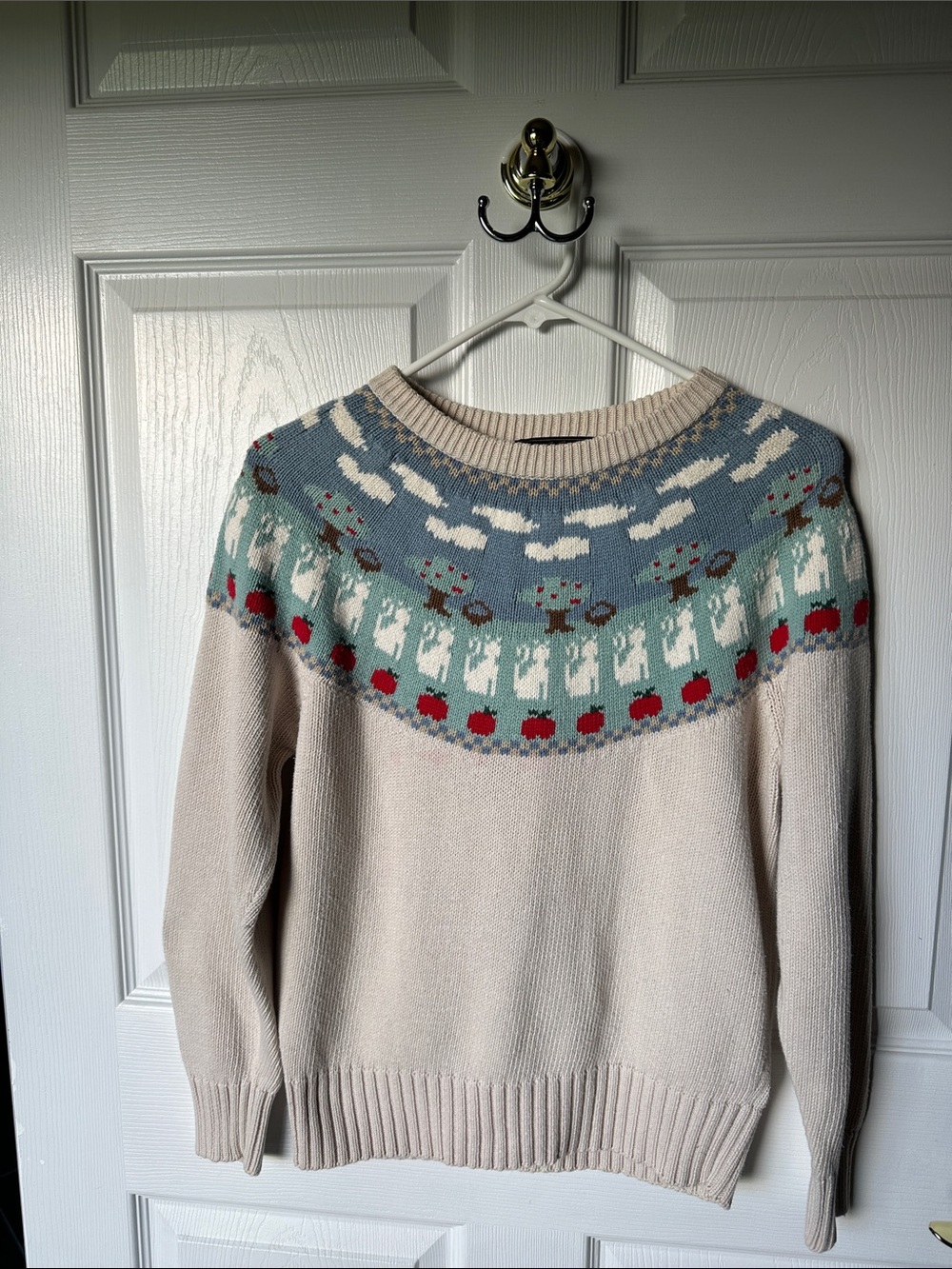 Eddie Bauer vintage Fair Isle with kitschy apples and cats.